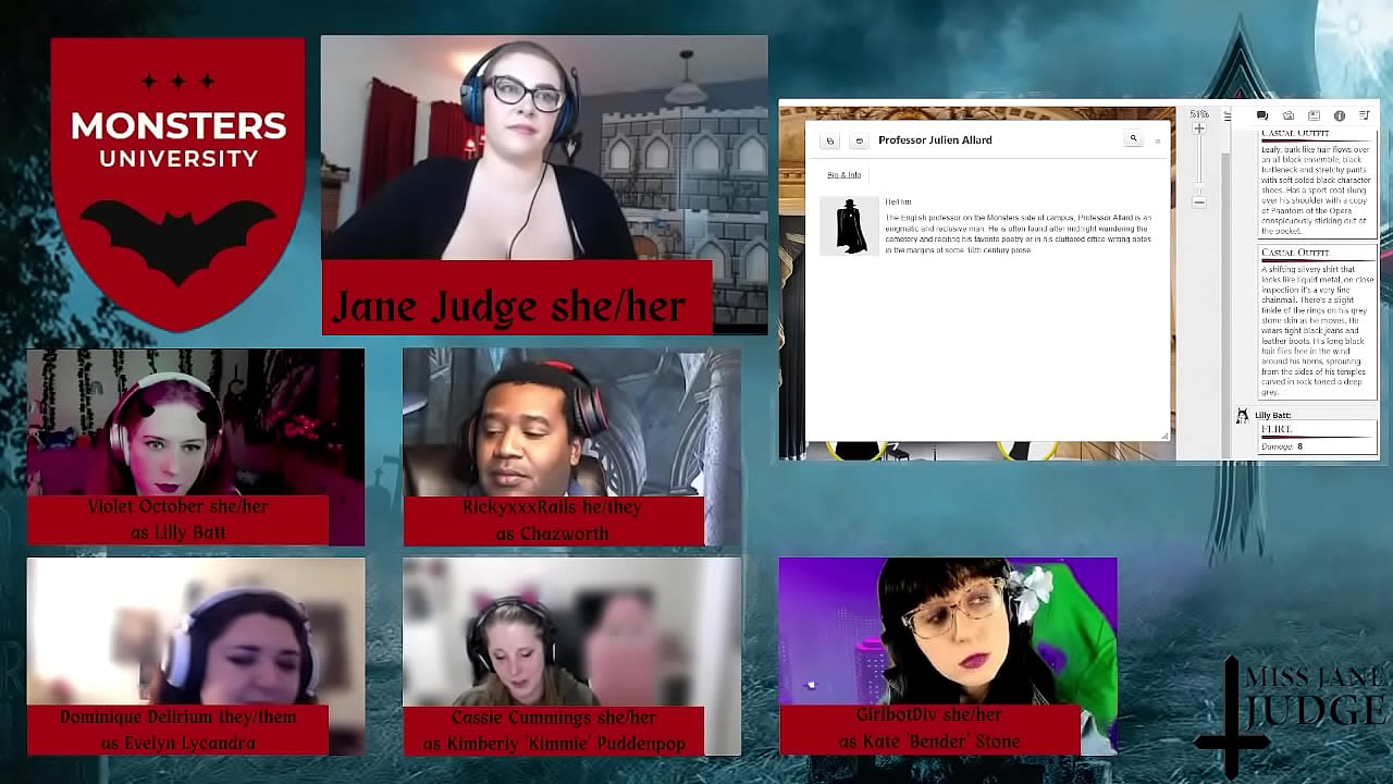 Monsters University Episodio 1 con Game Master Jane Judge
                    monster fantasy stream monsters gothic magic spooky rpg table top live play dnd violet october role playing game jane judge rickyxxxrails ttrpg cassie cummings dominique delerium girlbot div monsters university muchos negros