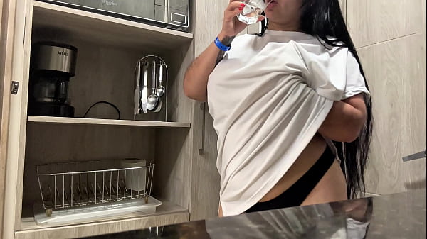Juicy masturbation in the hotel kitchen - big natural tits