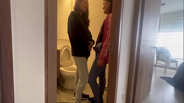 My friend leaves me alone at the hot aunt's house and we fuck in the bathroom