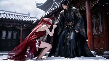 A Chinese classical beauty with skin as white as snow, dressed in red and with white hair. Blowjob, cum, first episode, AI-generated