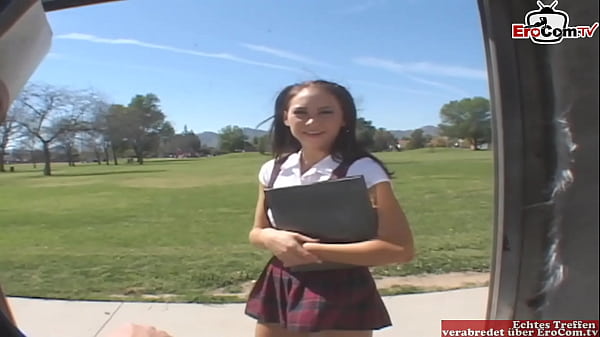 Brunette petite student Teen with small tits has car sex