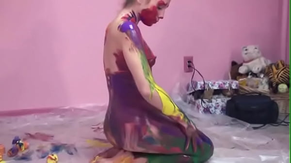 Small-titty slut gets messy with paint in room