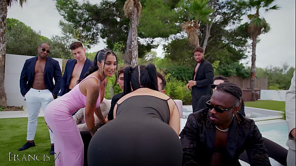 Download Video - Outdoor Gangbang 9 Guys Fuck 2 Sluts in Lingerie with Anal and DP
