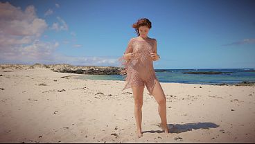 Cute girl in gold fisher net on public beach undressing and bending over