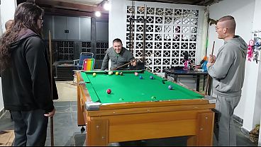 4 friends playing pool naked
