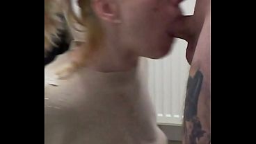 Karla Rose on her knees, big natural boobs hanging out, my hand in her hair using her head like a joystick