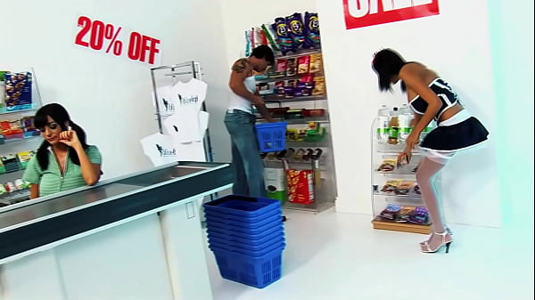 Horny Cashiers Kat Lee and Kit Lee Suck and Fuck Customer's Big Cock on Counter