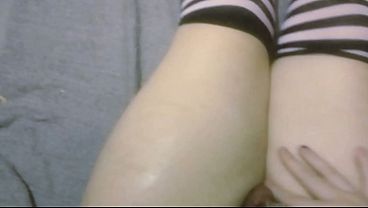 POV: Sissy Femboy with Cum-Covered Thighs & Intense Nipple Play - Trans girl tits and shemale cock masturbation