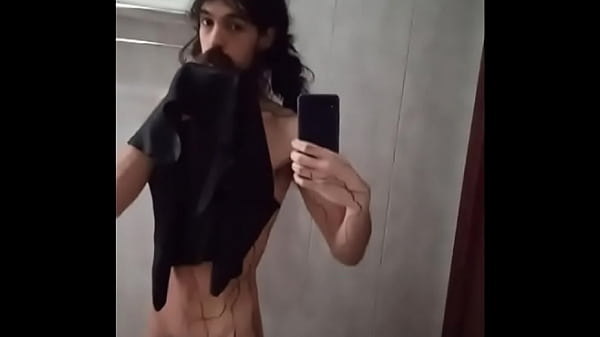 very long bearded feminine boy teasing cock on mirror