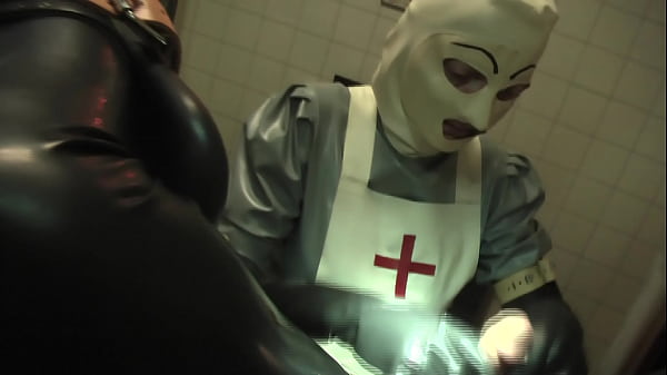 Rubbernurse Agnes - long grey latex nurse dress, white surgery hood and mask- Part 1 - blowjob and prostate massage