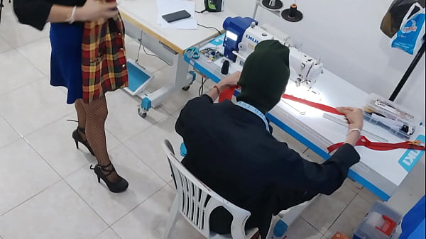 The seamstress masturbates his big penis after receiving a visit from a very beautiful woman