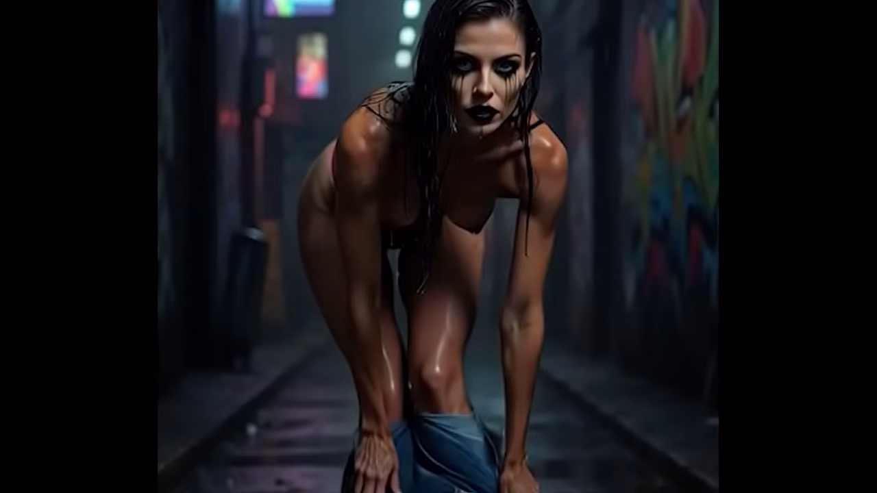 Cyberpunk goth revealing in a dark alley - short compilation 1 - Nyx Loops - AI generated