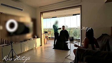 My cuckold husband hired a barber to get his hair done, and I greeted him wearing only panties with my pussy bouncing and a see-through top, like a real slut - Krisshotwife