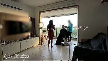 My cuckold husband hired a barber to get his hair done, and I greeted him wearing only panties with my pussy bouncing and a see-through top, like a real slut - Krisshotwife