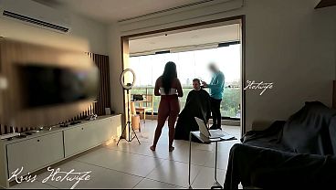 My cuckold husband hired a barber to get his hair done, and I greeted him wearing only panties with my pussy bouncing and a see-through top, like a real slut - Krisshotwife