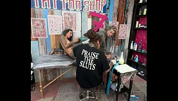 Naughty Tattoo Shop Session - Reverse Cowgirl Dildo Anal While Getting Inked