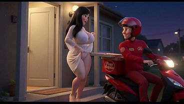 Curvy Woman In Translucent White Outfit Talks To Pizza Delivery Guy At Her Front Door At Night (AI generated)