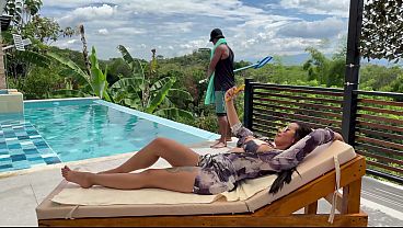 A MILF boss seduces her pool maintenance guy, fucking him with her wet, unfaithful pussy and taking his big black cock outdoors at her husband's villa!