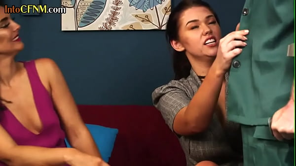 CFNM amateur British babes tugging cock in threesome