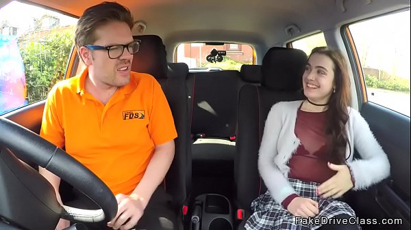 Natural brunette student rides instructor