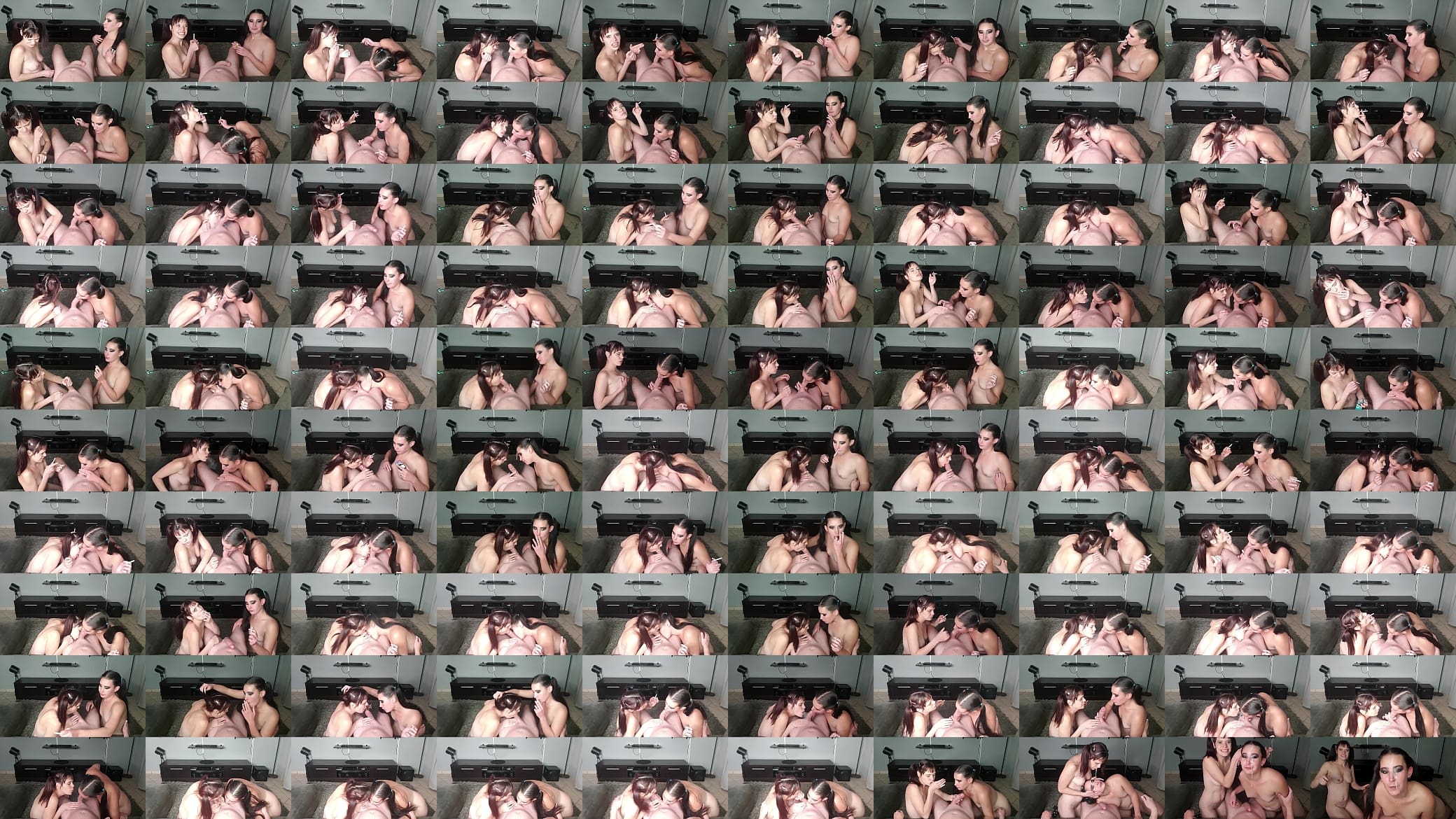Two pigtailed sluts giving one lucky cock a sloppy blowjob while smoking | cum in mouth | spitting cum on face 预览图