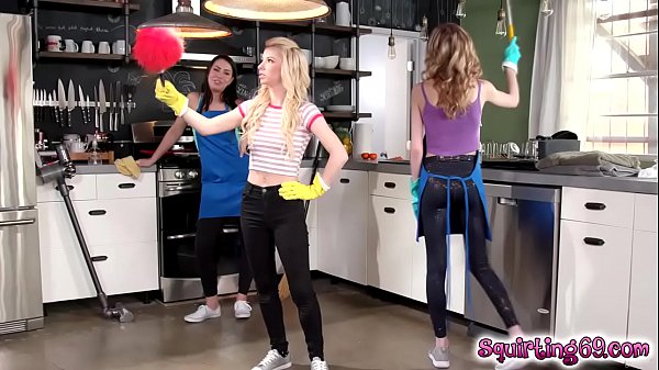 These maids makes a mess at the kitchen squirting all over the floor as they pleasure each other