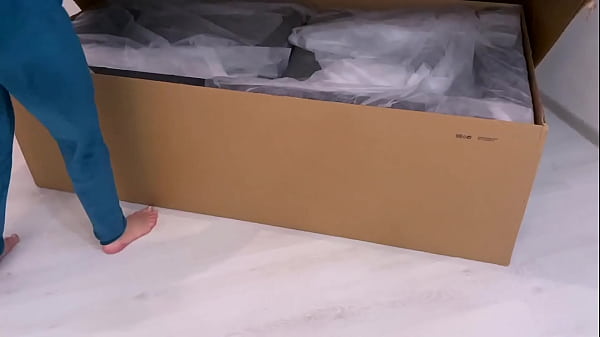 Hot Brunette with Big Ass in Sexy Panties Sucks Cock and Fucks Guy on New Sofa Right After Unpacking and Setting Up
