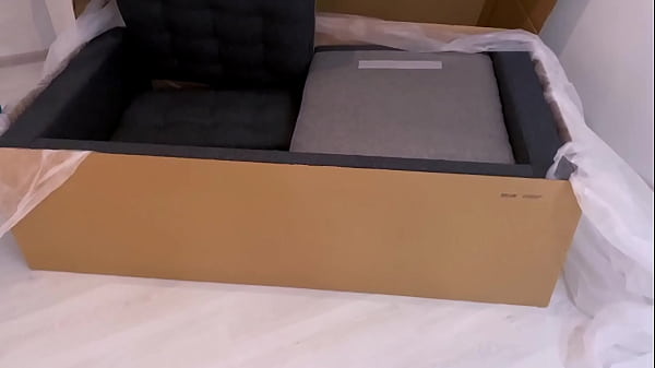 Hot Brunette with Big Ass in Sexy Panties Sucks Cock and Fucks Guy on New Sofa Right After Unpacking and Setting Up