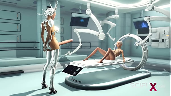 Space sex in the sci-fi lab. A hot young hottie has anal sex with a female dickgirl