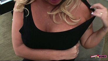Thick blonde plays with her big nipples and blows lucky guy