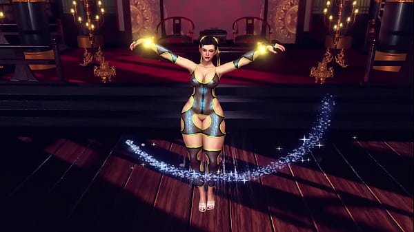 Busty Chun Li in slutty bodysuit solo dancing and posing in сhinese temple