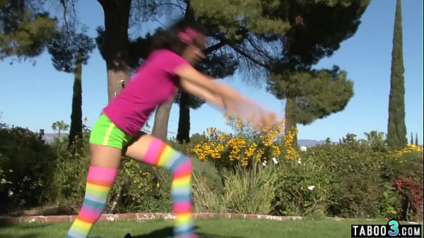 Handstand practice for petite teen Binksy Bangs ends on a cock outdoor