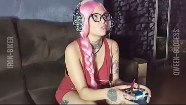 Fucking the hot nerd while she plays video games.