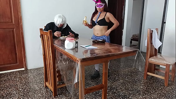 She climbs on the table and opens her pussy!