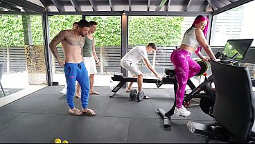Gang Bang in the gym wilded double penetrated by four Big Cocks