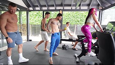 Gang Bang in the gym wilded double penetrated by four Big Cocks