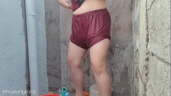 Filipina taking a bath outside the house got fuck