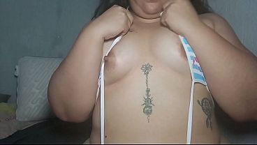 Chubby Girl with micro lingerie. Wet hairy pussy sounds