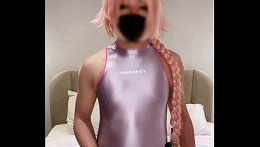 astolfo femboy in tight swimsuit squirts and cums