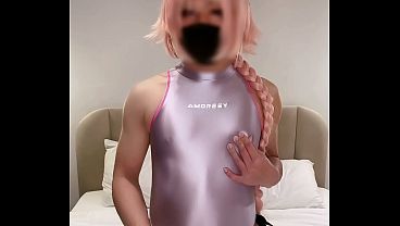 astolfo femboy in tight swimsuit squirts and cums