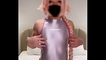 astolfo femboy in tight swimsuit squirts and cums