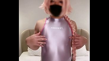 astolfo femboy in tight swimsuit squirts and cums