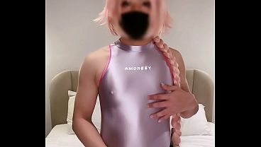 astolfo femboy in tight swimsuit squirts and cums