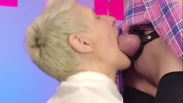 Girl lick chastity femboy balls and sniffs his balls before epic facial