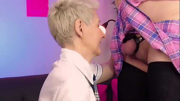Girl lick chastity femboy balls and sniffs his balls before epic facial