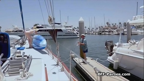 Bikini teens sharing captains cock on a boat