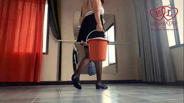 Depraved cleaning lady masturbates wet panties stockings and clothes french maid costume ballerina in pantaloons