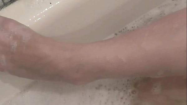 Milf. Soapy foam on tits, pussy, ass, legs. Sexy blonde Milf takes bathroom. Handjob. Solo MILF. Shower