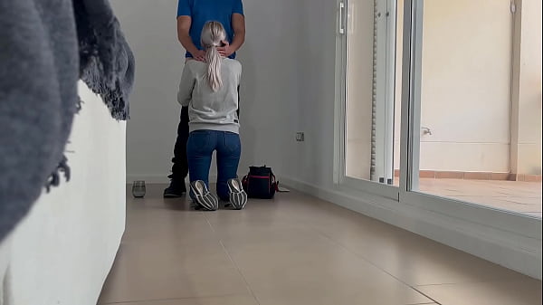 I call the young electrician to fix the plug and give him a blowjob and surprise fuck him without him knowing