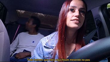 Naughty ride-share driver catches well-endowed passenger masturbating from behind!